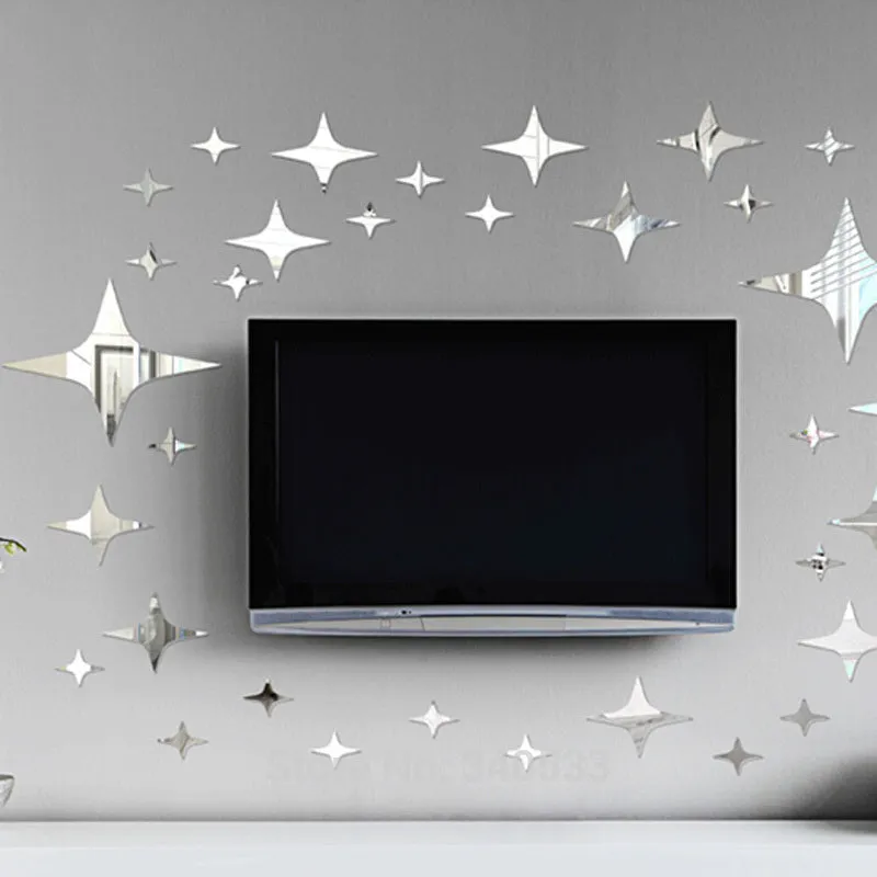 48 Pcs Stars Sky Style Mirror Sticker Wall Ceiling Room Decal Decor Art DIY Golden, Silvery, Blue Stars Wall Stickers