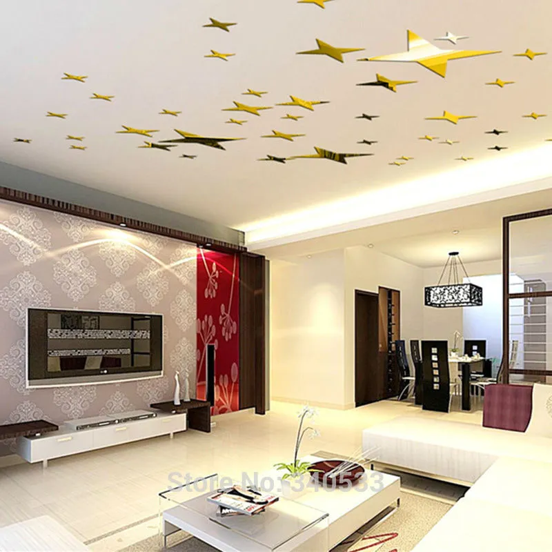 48 Pcs Stars Sky Style Mirror Sticker Wall Ceiling Room Decal Decor Art DIY Golden, Silvery, Blue Stars Wall Stickers
