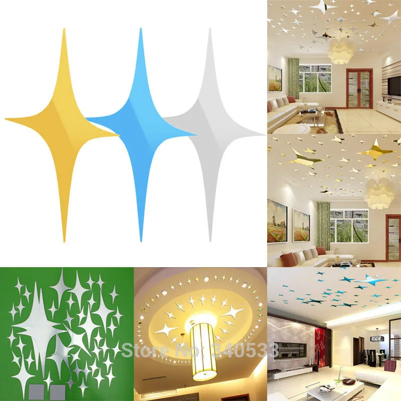 48 Pcs Stars Sky Style Mirror Sticker Wall Ceiling Room Decal Decor Art DIY Golden, Silvery, Blue Stars Wall Stickers