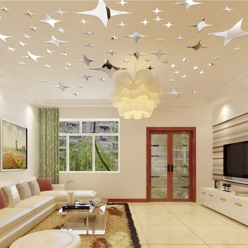 48 Pcs Stars Sky Style Mirror Sticker Wall Ceiling Room Decal Decor Art DIY Golden, Silvery, Blue Stars Wall Stickers