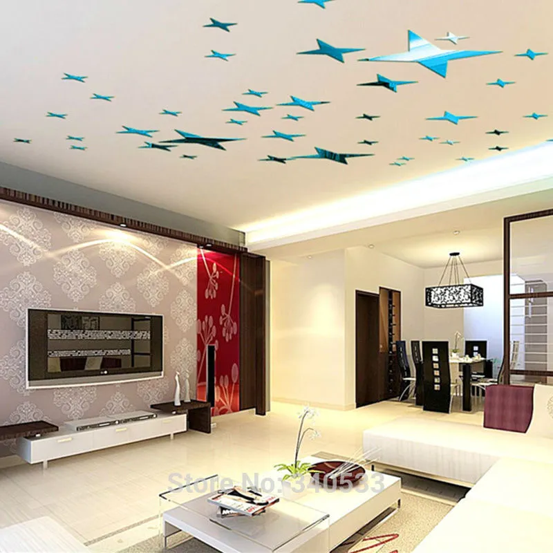 48 Pcs Stars Sky Style Mirror Sticker Wall Ceiling Room Decal Decor Art DIY Golden, Silvery, Blue Stars Wall Stickers