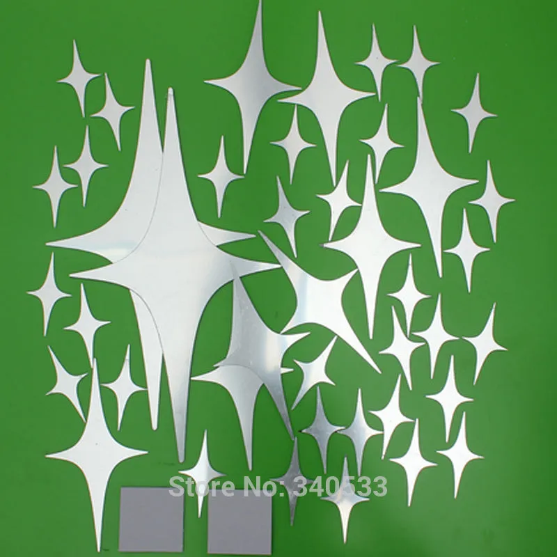 48 Pcs Stars Sky Style Mirror Sticker Wall Ceiling Room Decal Decor Art DIY Golden, Silvery, Blue Stars Wall Stickers