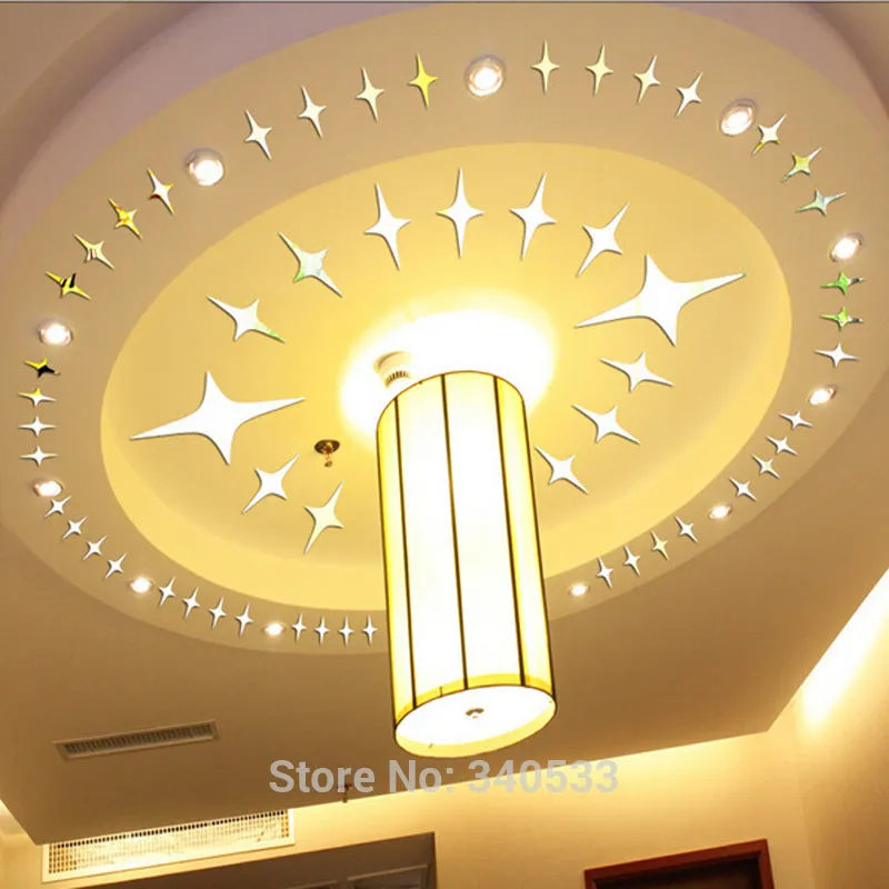 48 Pcs Stars Sky Style Mirror Sticker Wall Ceiling Room Decal Decor Art DIY Golden, Silvery, Blue Stars Wall Stickers
