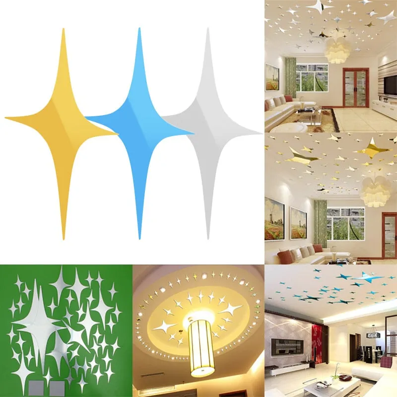 48 Pcs Stars Sky Style Mirror Sticker Wall Ceiling Room Decal Decor Art DIY Golden, Silvery, Blue Stars Wall Stickers