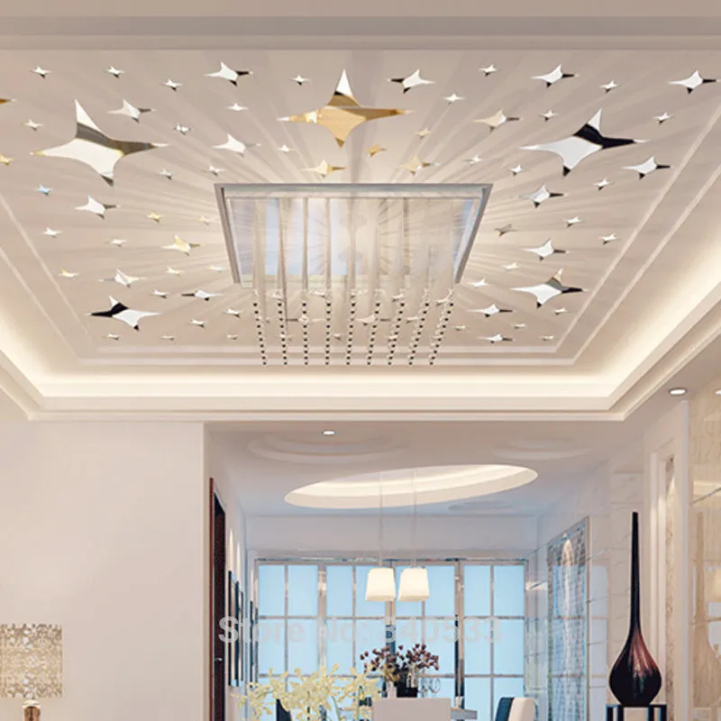 48 Pcs Stars Sky Style Mirror Sticker Wall Ceiling Room Decal Decor Art DIY Golden, Silvery, Blue Stars Wall Stickers