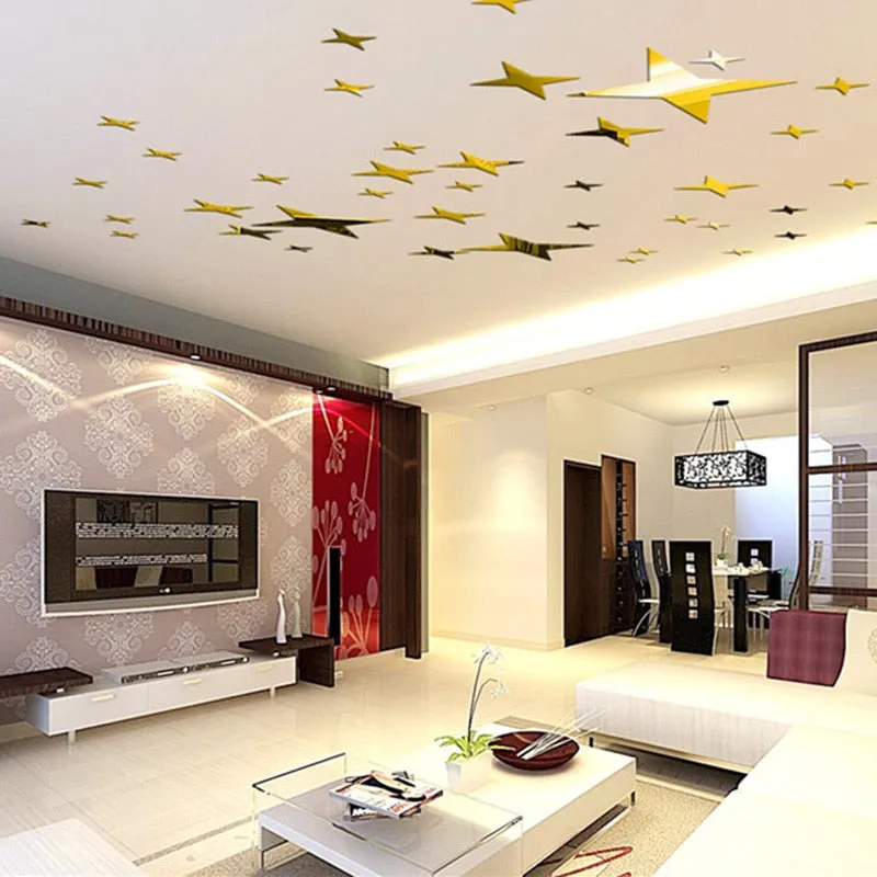 48 Pcs Stars Sky Style Mirror Sticker Wall Ceiling Room Decal Decor Art DIY Golden, Silvery, Blue Stars Wall Stickers