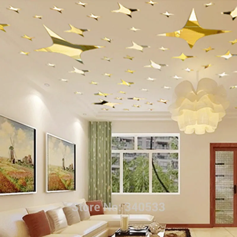 48 Pcs Stars Sky Style Mirror Sticker Wall Ceiling Room Decal Decor Art DIY Golden, Silvery, Blue Stars Wall Stickers