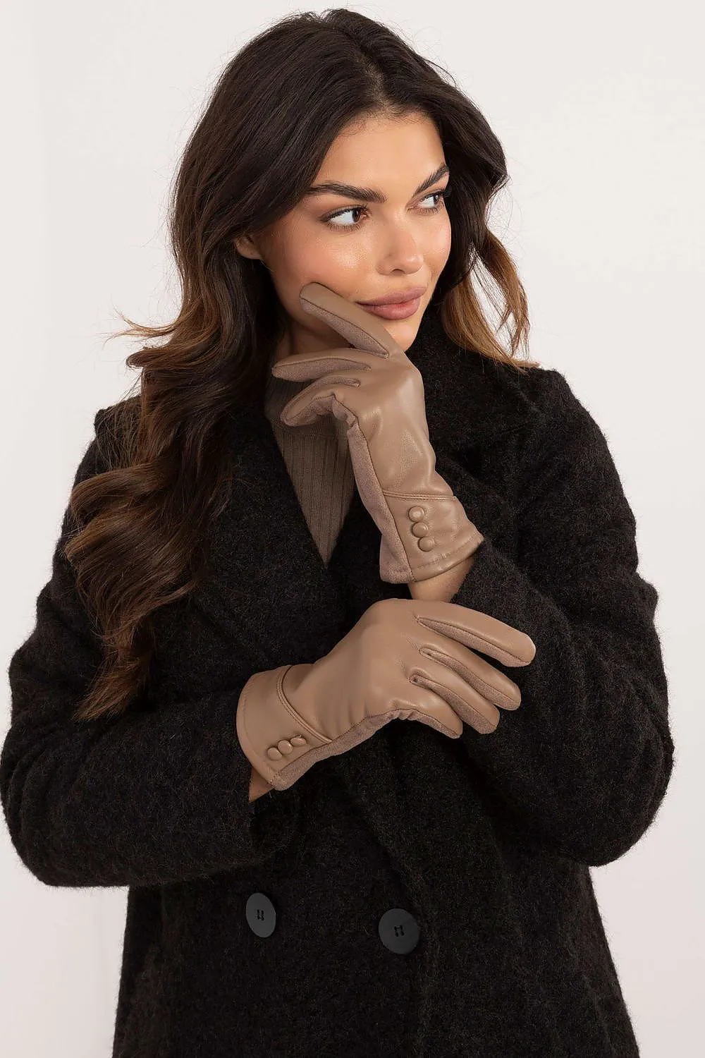 AT Women's Leather European Touche Screen Gloves with Decorative Buttons
