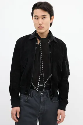 Black Suede & Silver Embroidered Star Cravat Scarf
