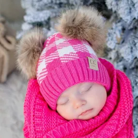 CC Baby and Kids Buffalo Plaid Double Pom Beanies Hats