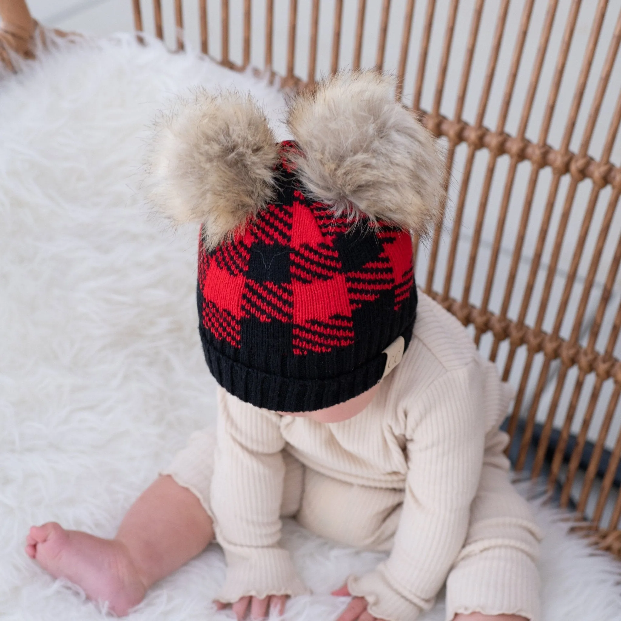 CC Baby and Kids Buffalo Plaid Double Pom Beanies Hats