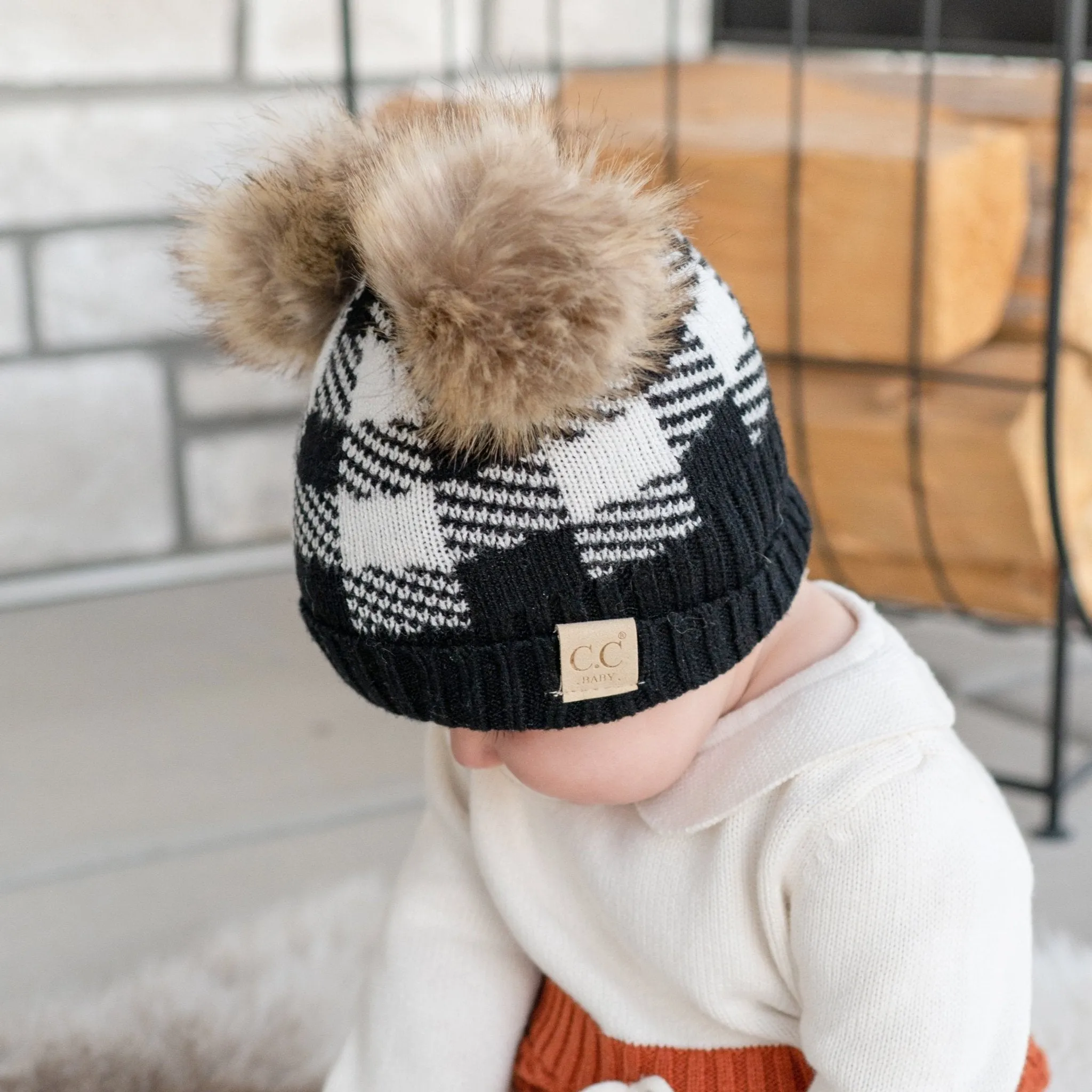 CC Baby and Kids Buffalo Plaid Double Pom Beanies Hats