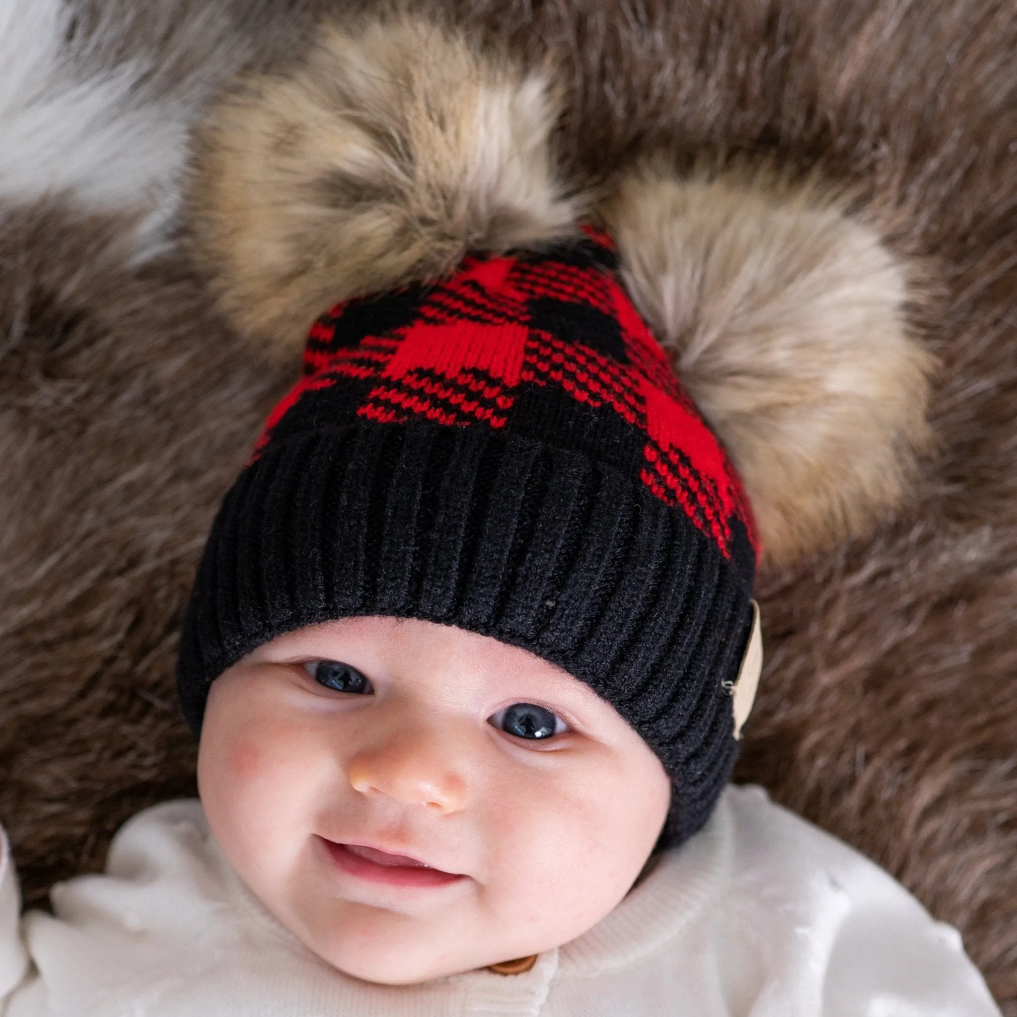 CC Baby and Kids Buffalo Plaid Double Pom Beanies Hats
