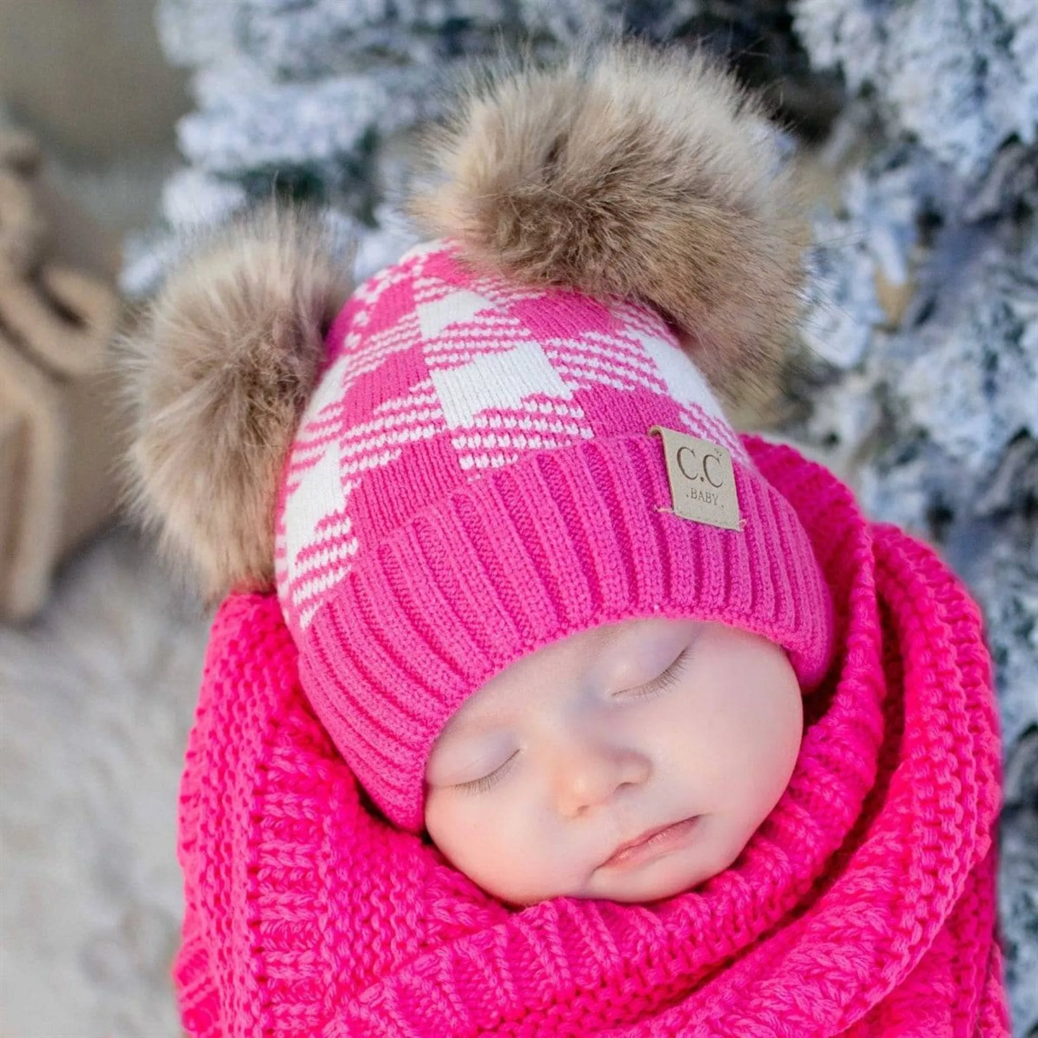 CC Baby and Kids Buffalo Plaid Double Pom Beanies Hats