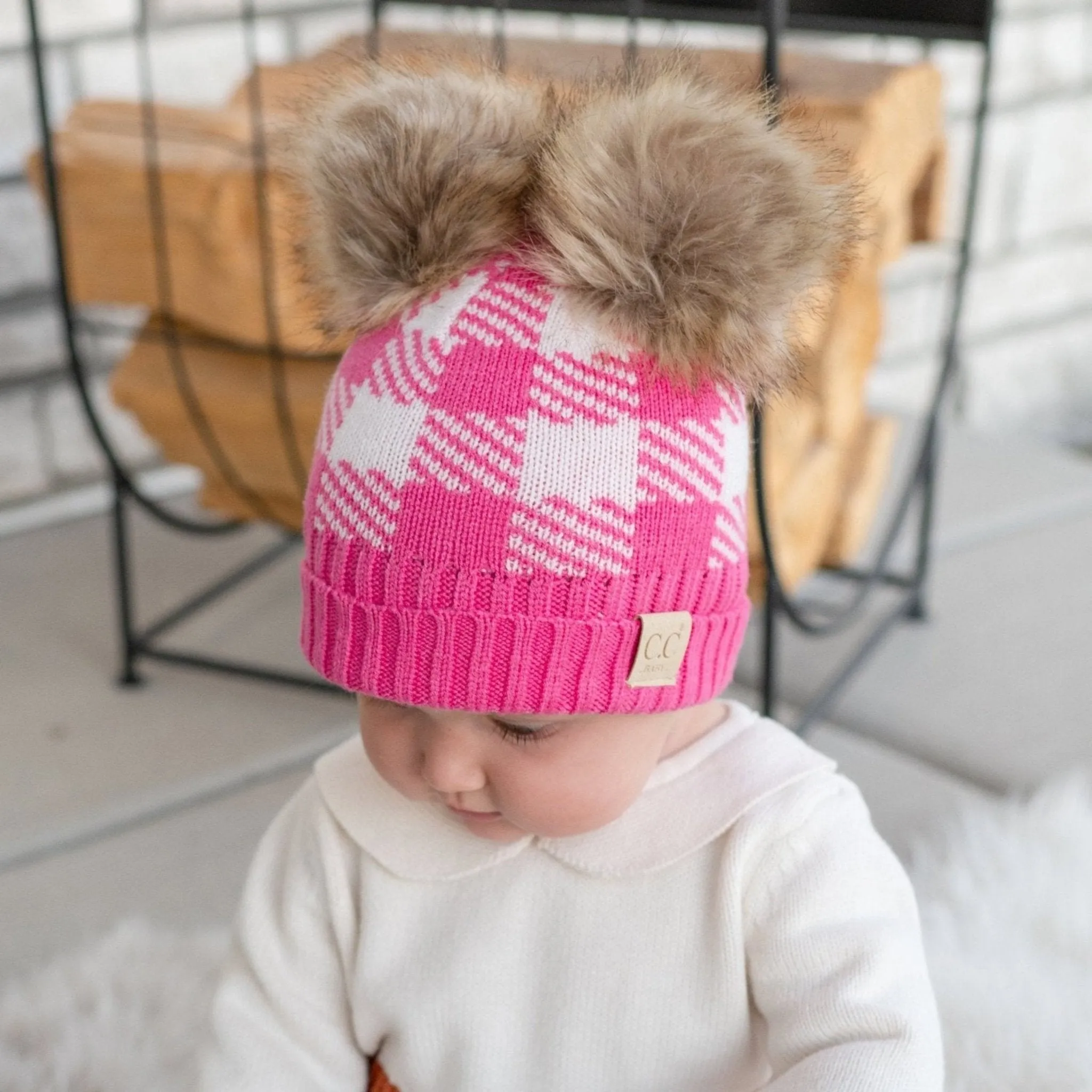 CC Baby and Kids Buffalo Plaid Double Pom Beanies Hats