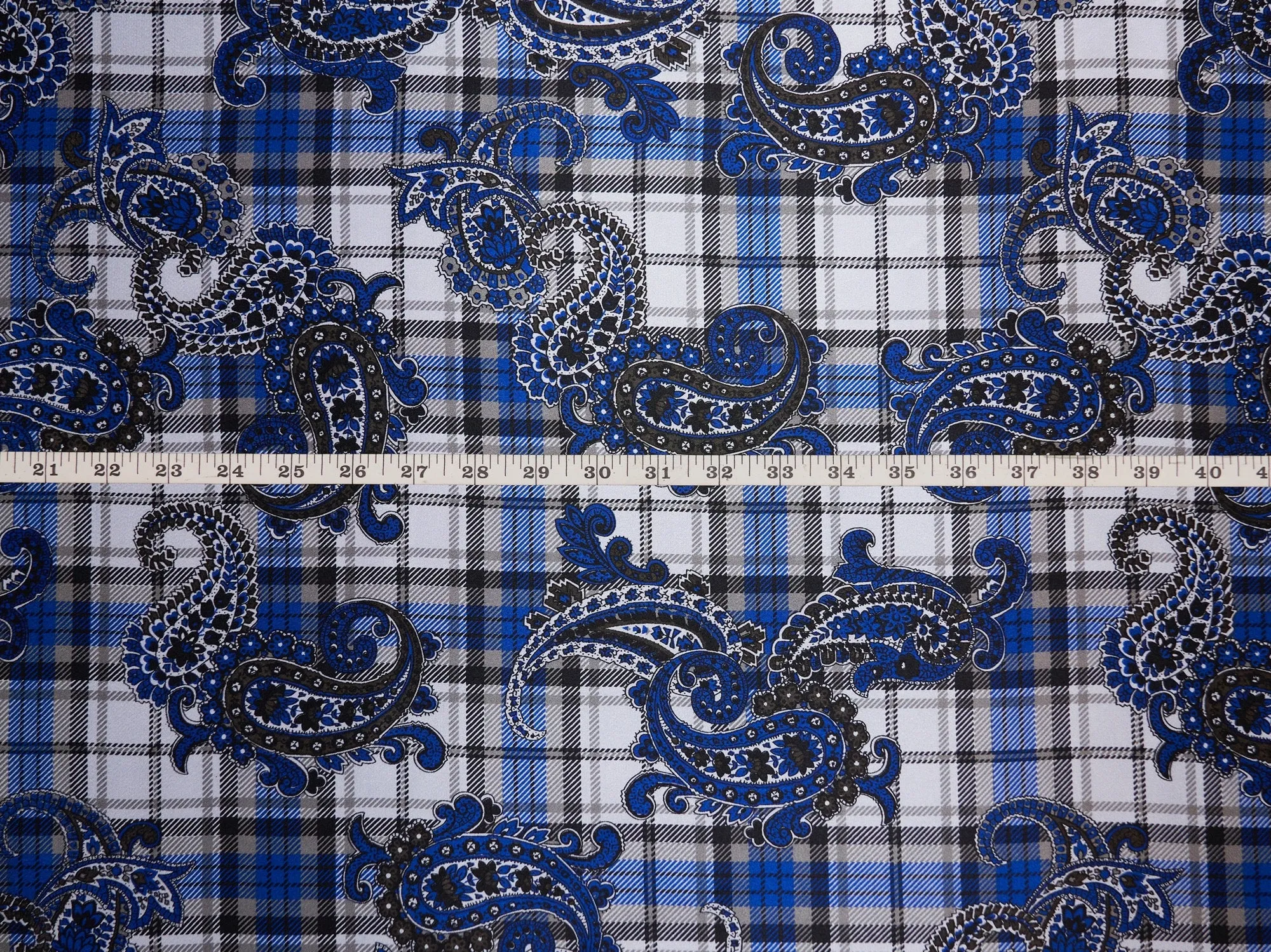 Charmeuse satin fabric by the yard -  Black and blue paisley plaid print