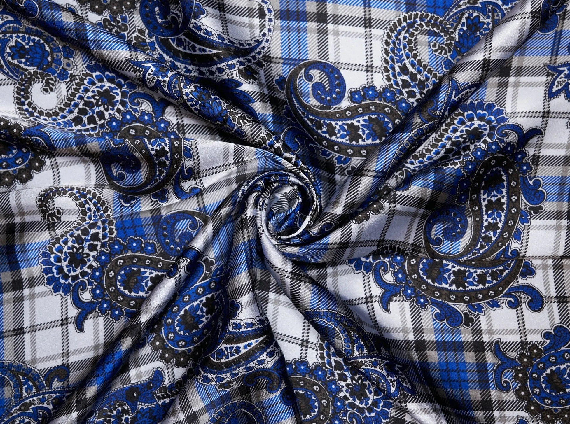 Charmeuse satin fabric by the yard -  Black and blue paisley plaid print