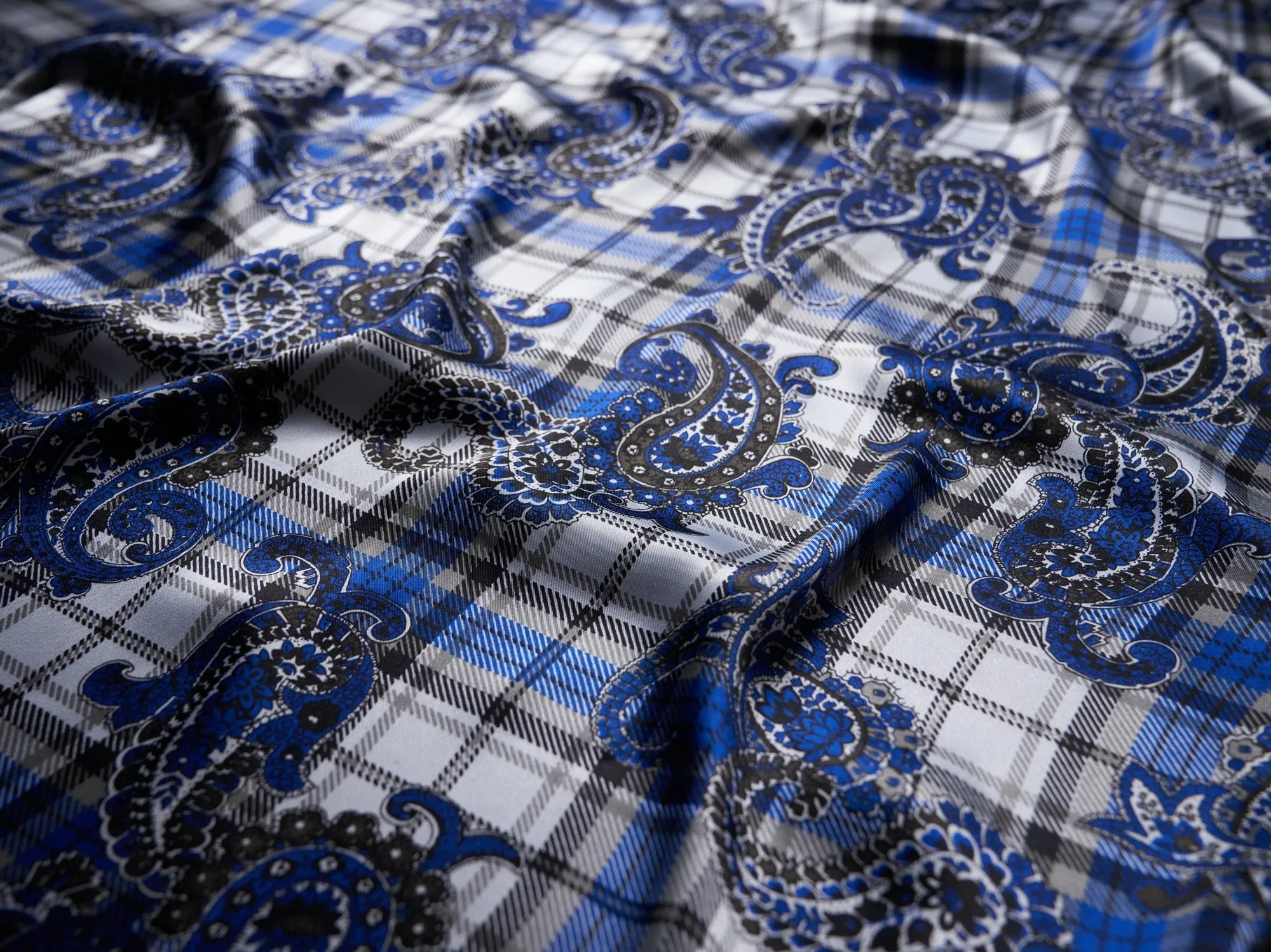 Charmeuse satin fabric by the yard -  Black and blue paisley plaid print