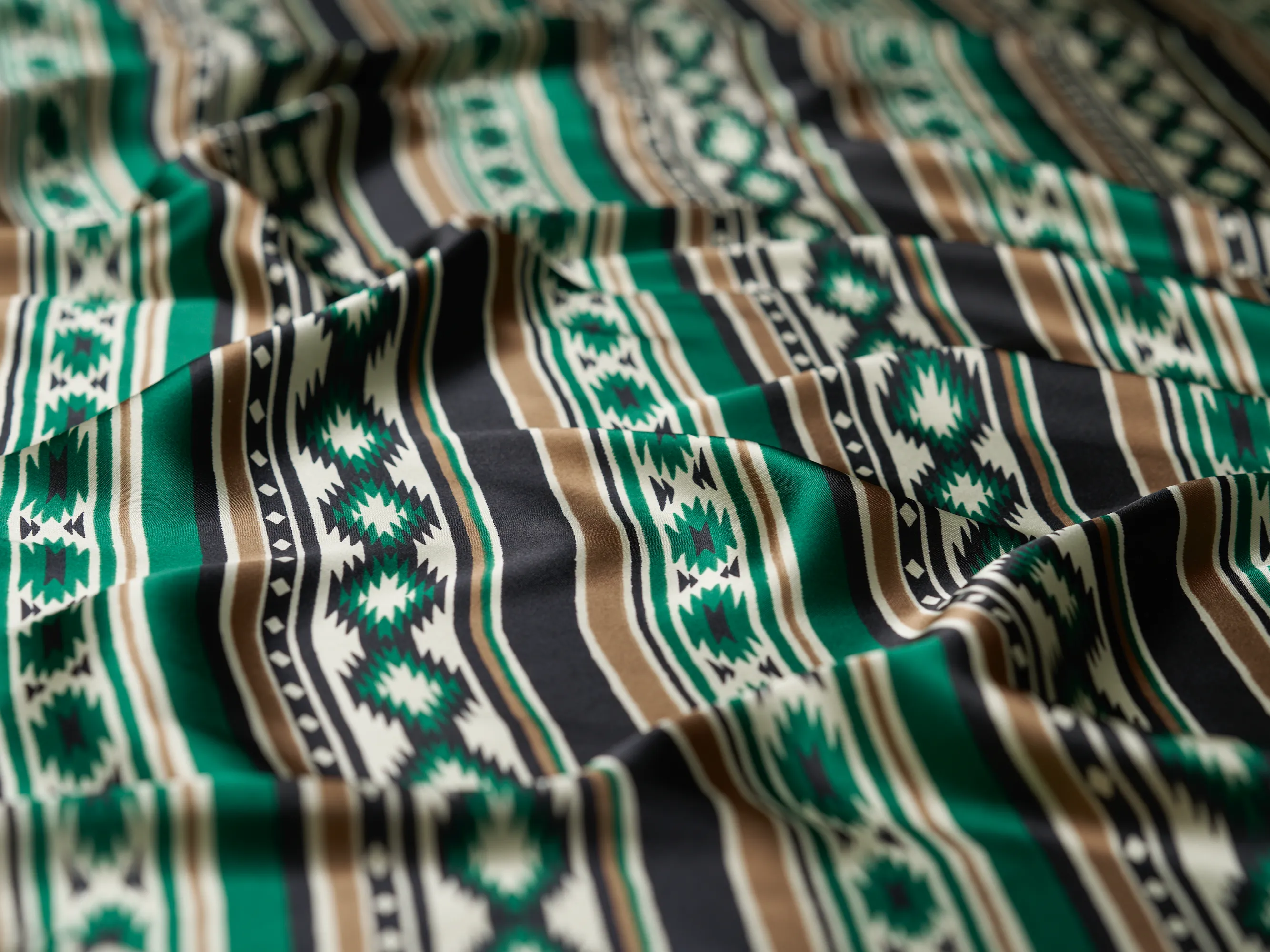 Charmeuse satin fabric by the yard - Black green Tribal   print - USA made