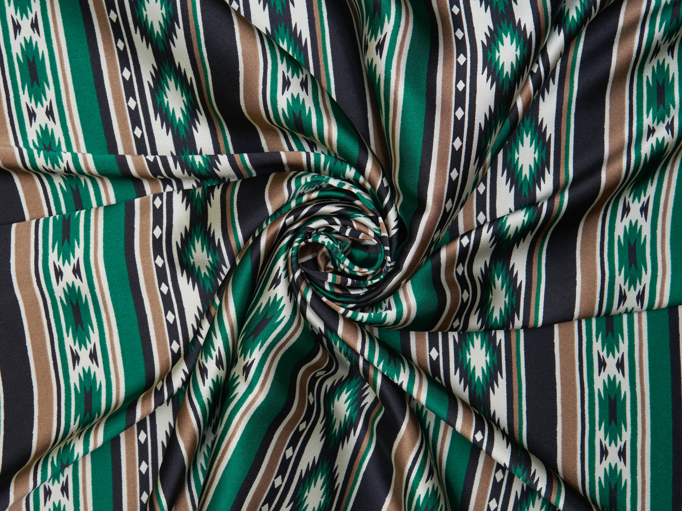 Charmeuse satin fabric by the yard - Black green Tribal   print - USA made