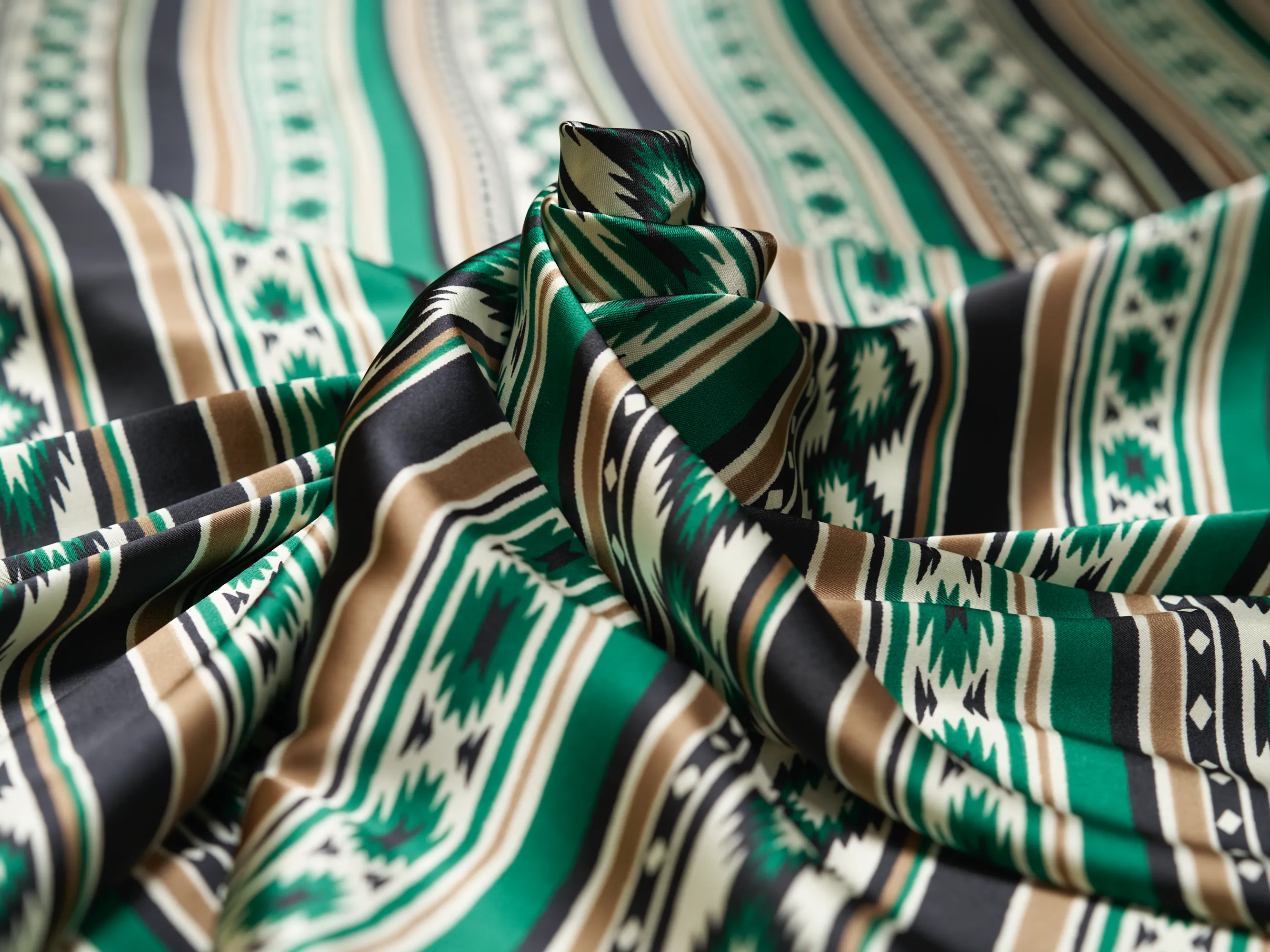Charmeuse satin fabric by the yard - Black green Tribal   print - USA made
