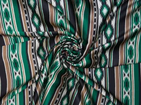 Charmeuse satin fabric by the yard - Black green Tribal   print - USA made