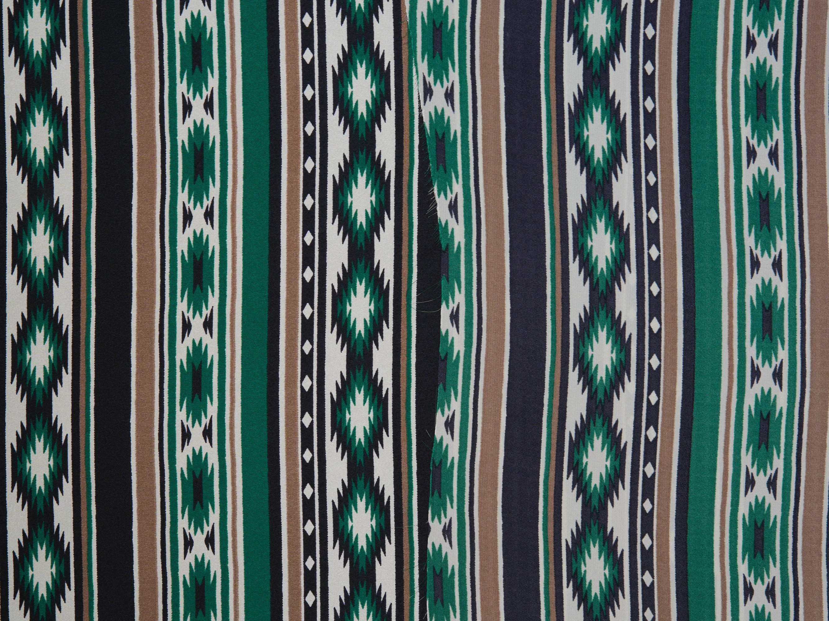 Charmeuse satin fabric by the yard - Black green Tribal   print - USA made
