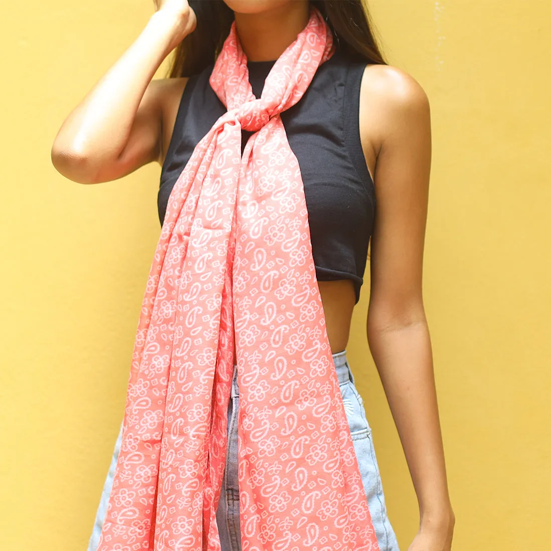 CONTEMPORARY PAISLEY PRINTED ORANGE & WHITE POLY-COTTON  SCARF
