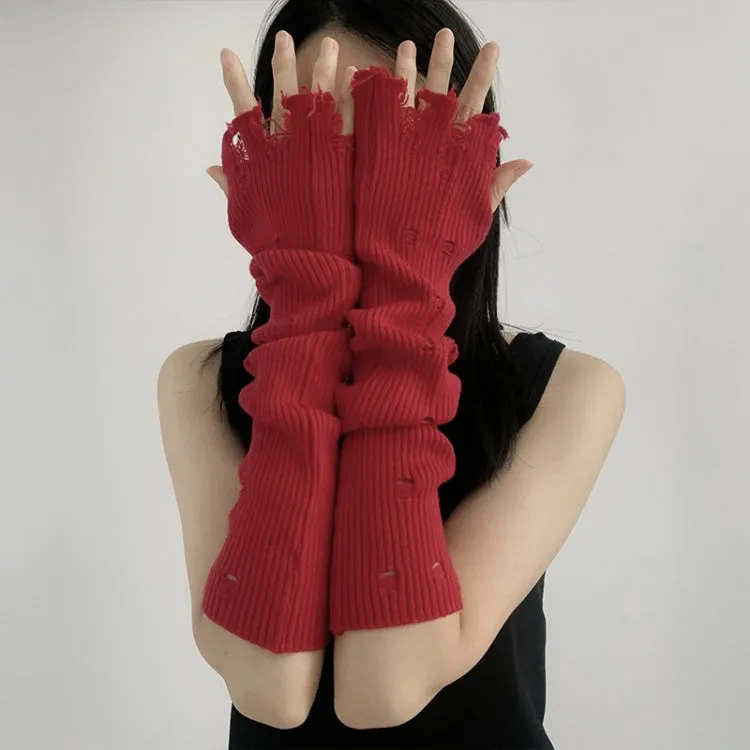 Distressed Holes Fingerless Knitted Long Gloves