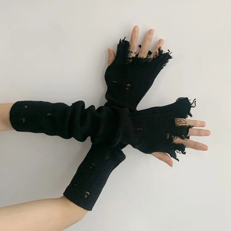 Distressed Holes Fingerless Knitted Long Gloves