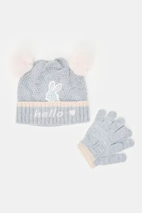 Girls Grey Embellished cap and gloves Set (Pack Of 2)