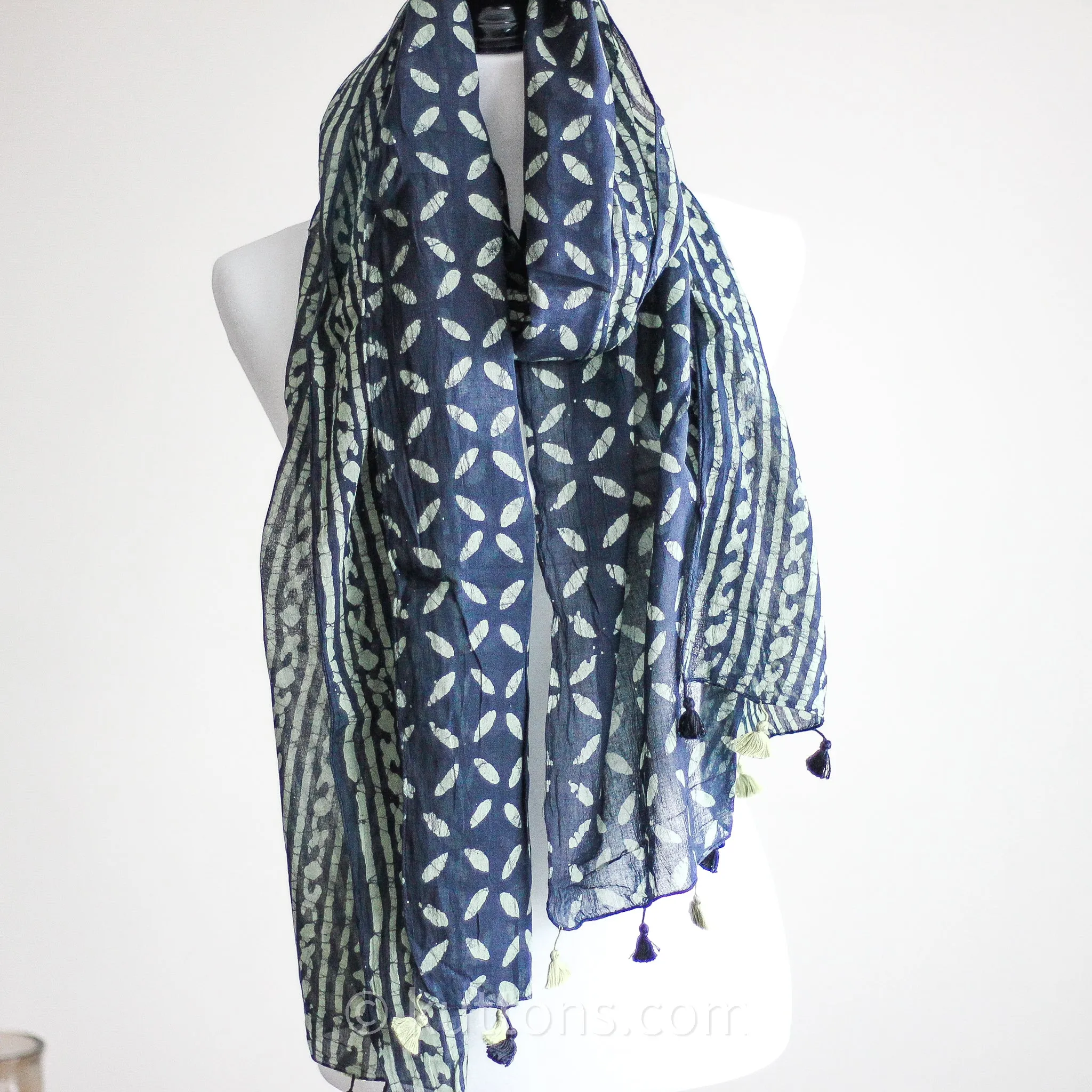 Hand Printed Batik Wrap in Cotton - Soft, Light & Airy Stole with Tassels | Black-Green, 21x80"