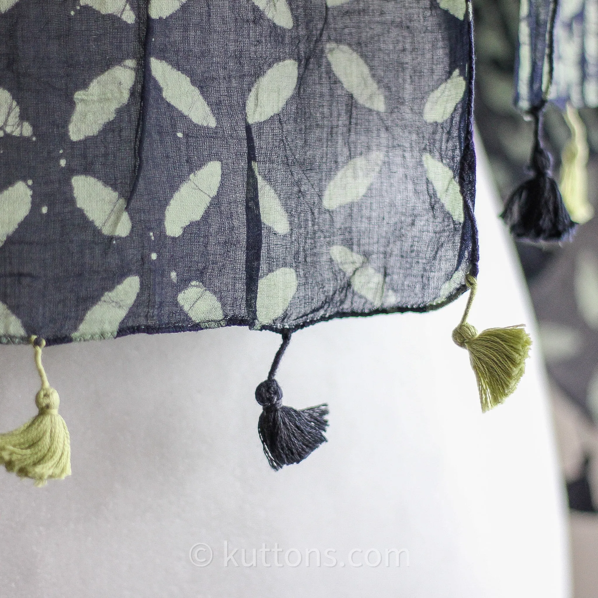 Hand Printed Batik Wrap in Cotton - Soft, Light & Airy Stole with Tassels | Black-Green, 21x80"