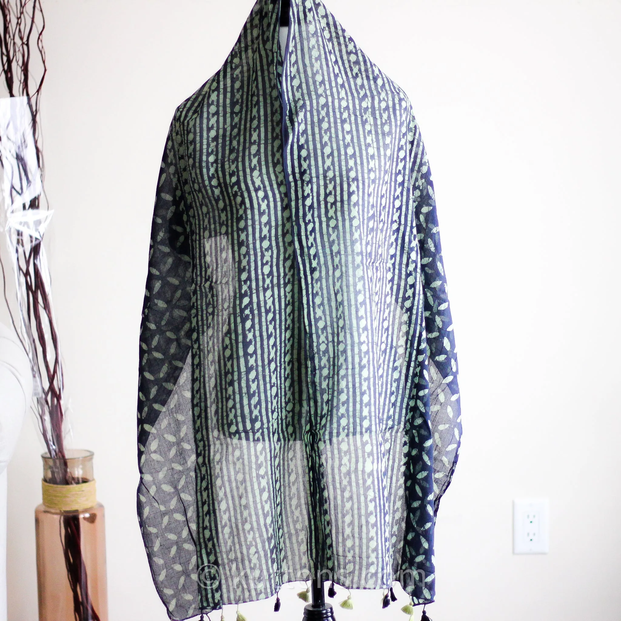Hand Printed Batik Wrap in Cotton - Soft, Light & Airy Stole with Tassels | Black-Green, 21x80"