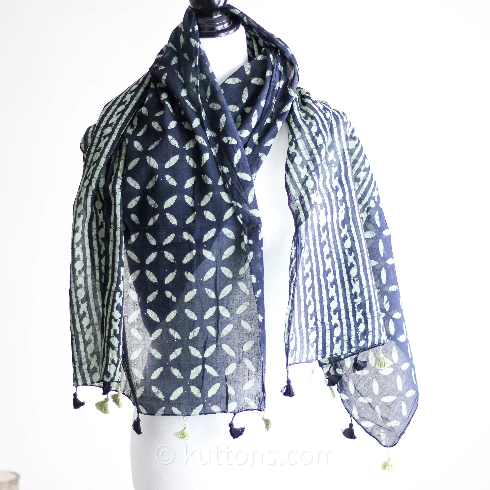 Hand Printed Batik Wrap in Cotton - Soft, Light & Airy Stole with Tassels | Black-Green, 21x80"