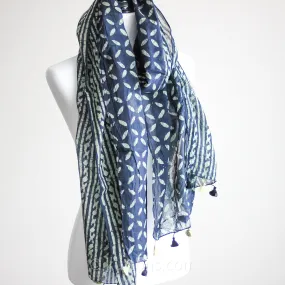 Hand Printed Batik Wrap in Cotton - Soft, Light & Airy Stole with Tassels | Black-Green, 21x80"