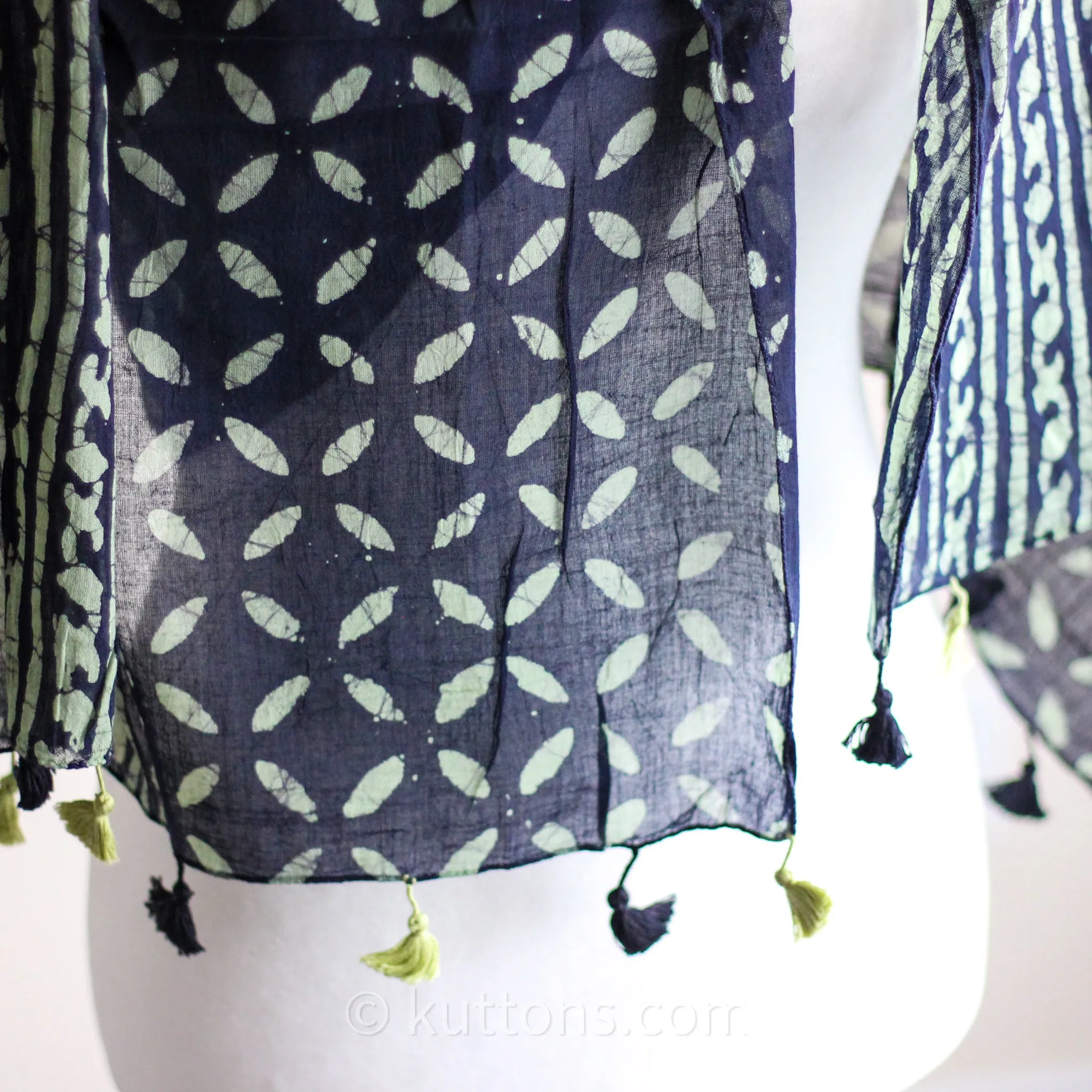 Hand Printed Batik Wrap in Cotton - Soft, Light & Airy Stole with Tassels | Black-Green, 21x80"
