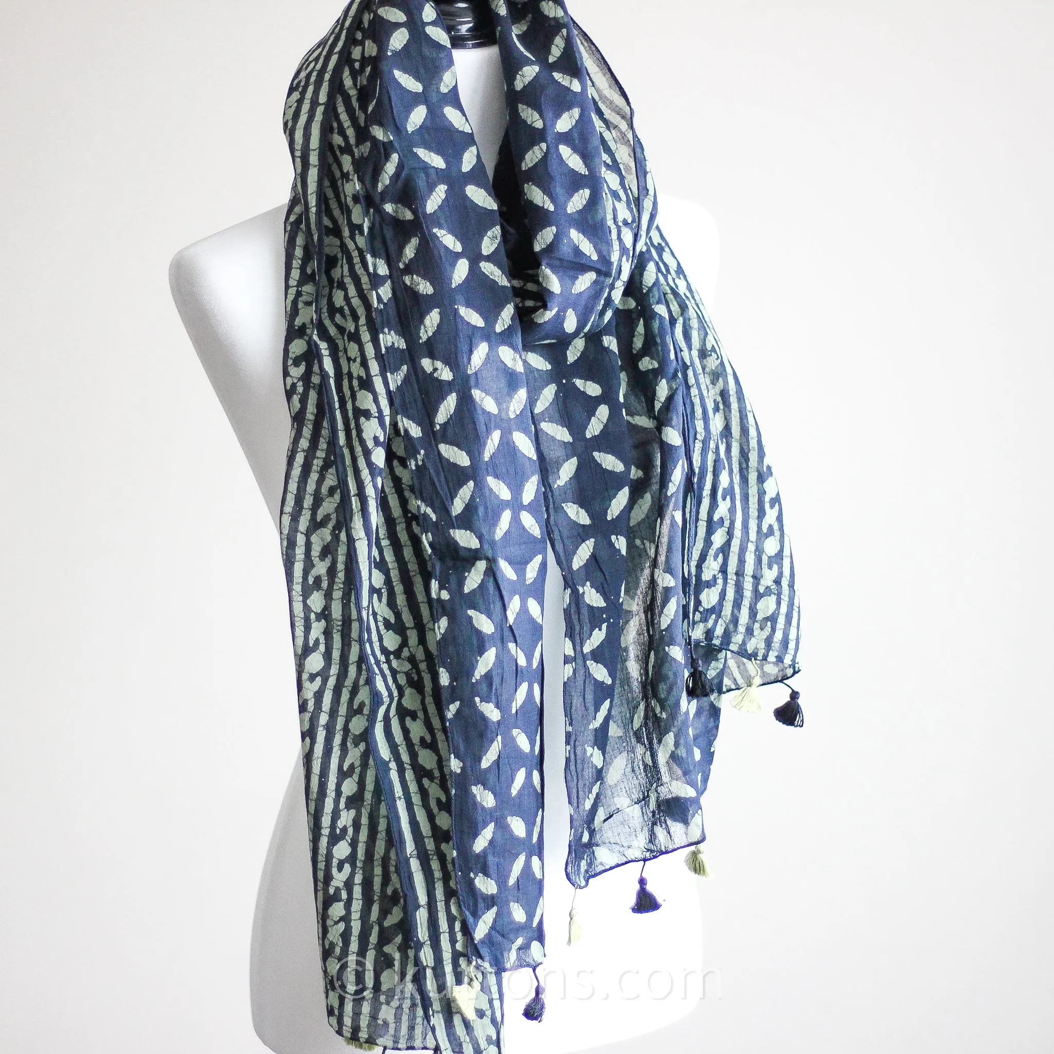Hand Printed Batik Wrap in Cotton - Soft, Light & Airy Stole with Tassels | Black-Green, 21x80"