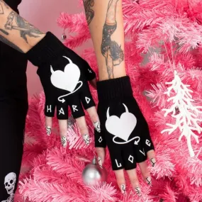 Hard Love Black Fingerless Winter Knit Gloves With Devil Heart