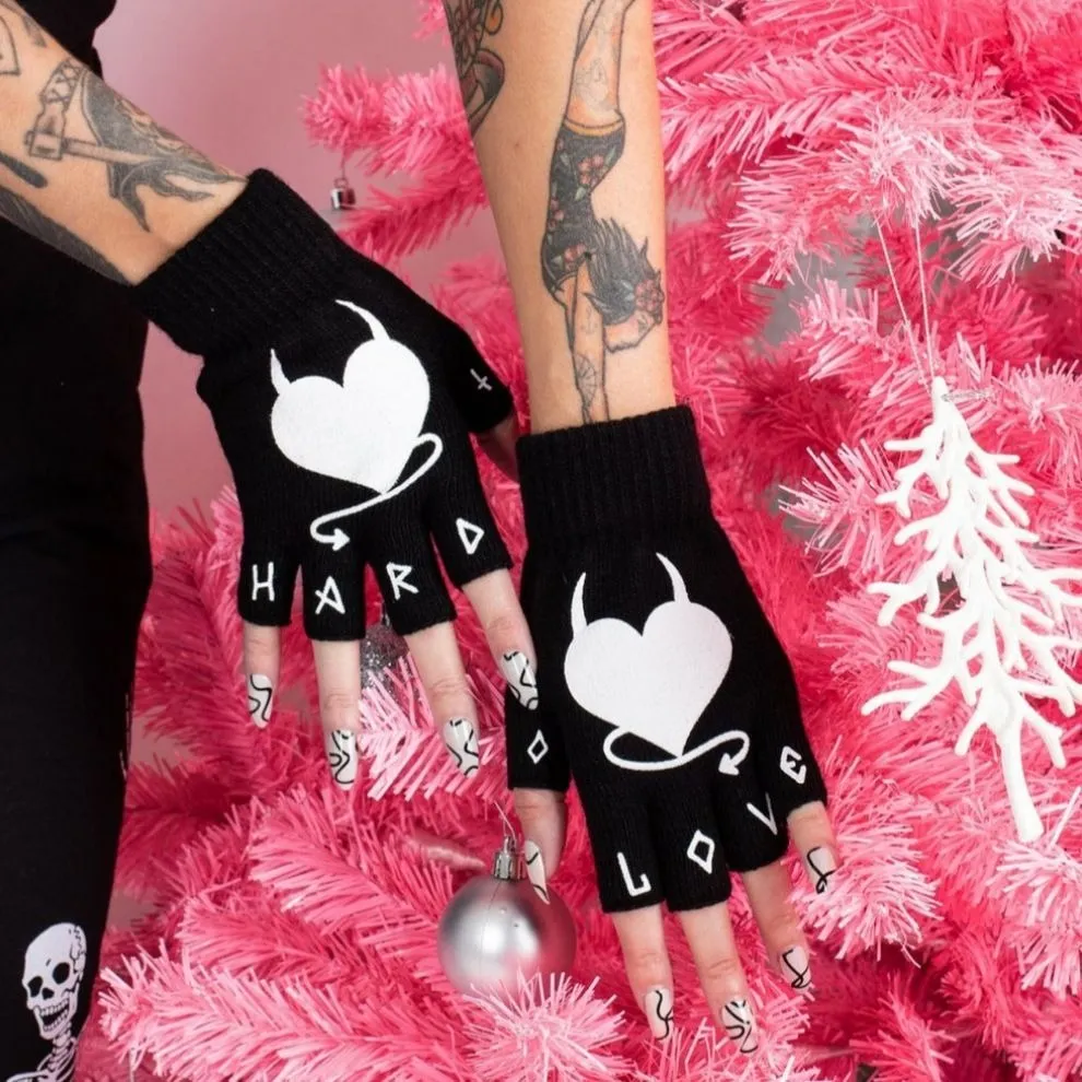 Hard Love Black Fingerless Winter Knit Gloves With Devil Heart