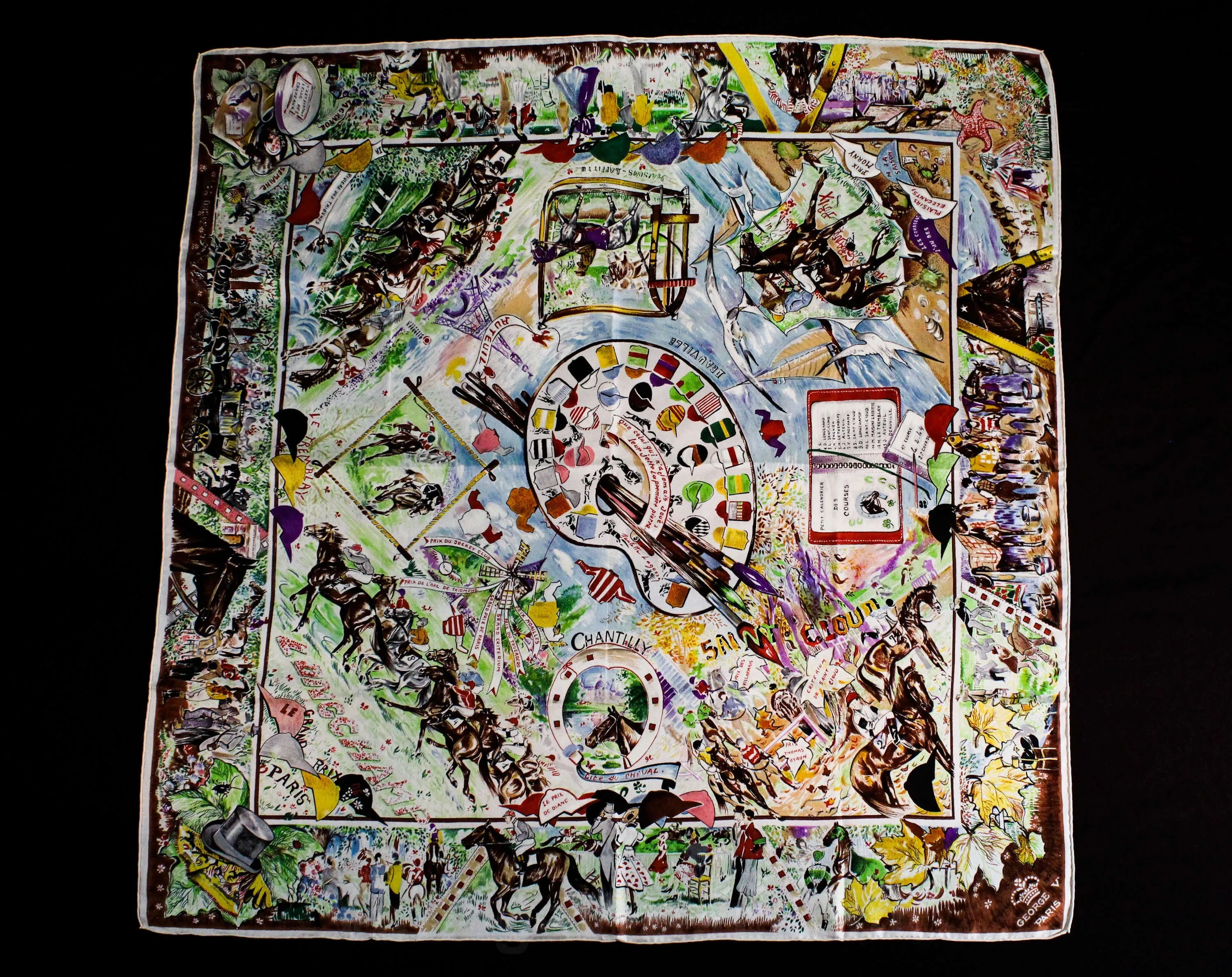 Horse Racing Silk Scarf - Bianchini Ferier Paris - Rare Design for George V Hotel - Jockey's Colors Eiffel Tower - High Stakes At The Races