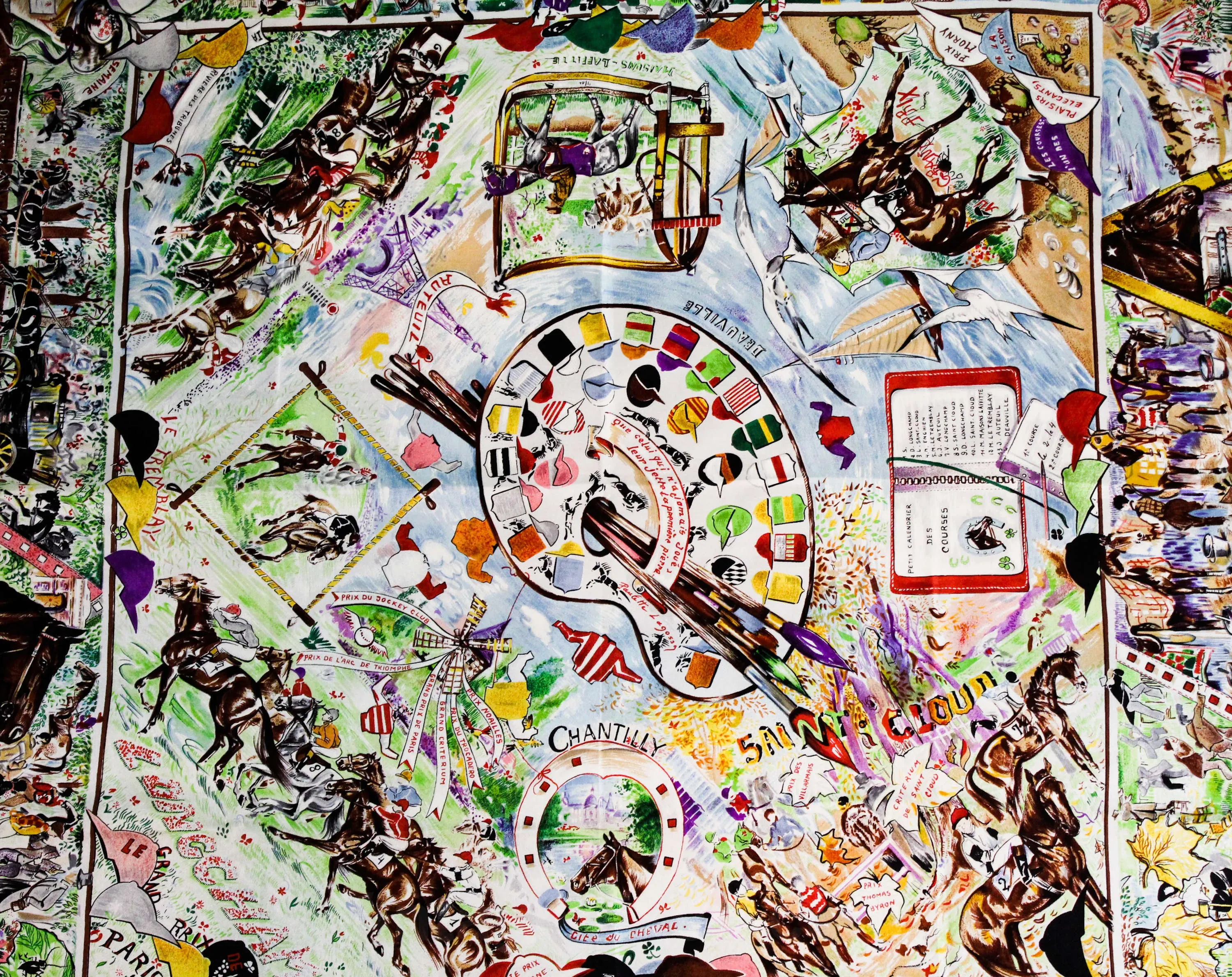 Horse Racing Silk Scarf - Bianchini Ferier Paris - Rare Design for George V Hotel - Jockey's Colors Eiffel Tower - High Stakes At The Races
