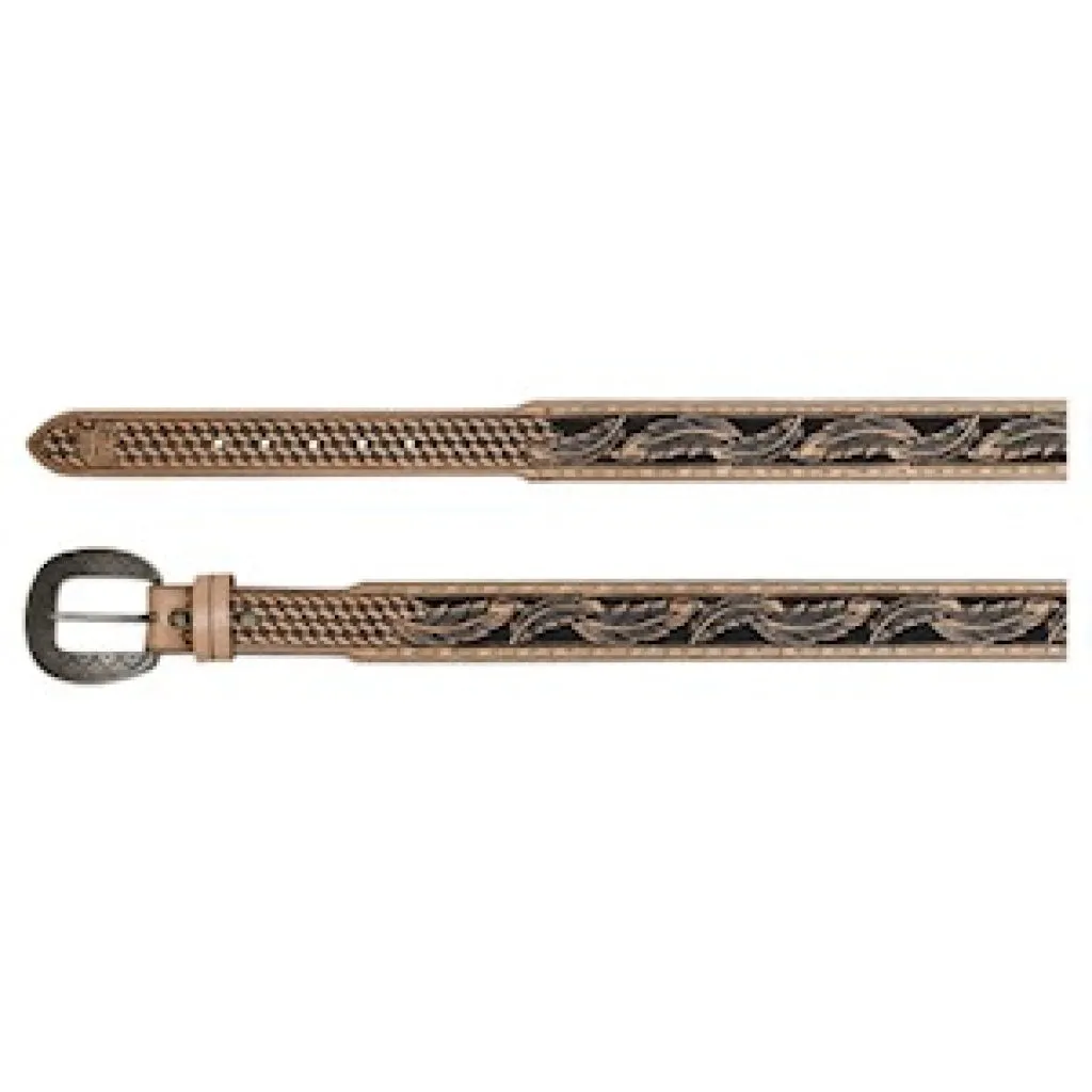 RED DIRT MENS BELT VACHETTA LEATHER W/BASKETWEAVE AND FEATHER TOOLING